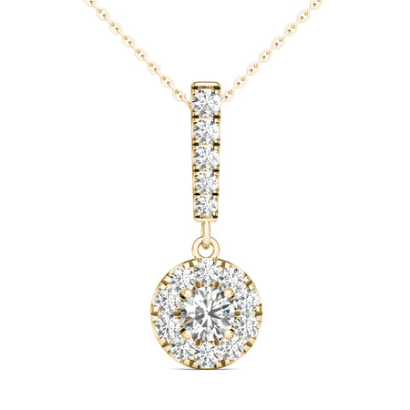 GIA Certified Natural Diamonds Halo Stick Pendant Necklace 14K Yellow Gold 1/2 Ctw