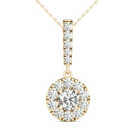 GIA Certified Natural Diamonds Halo Stick Pendant Necklace 14K Yellow Gold 3/4 Ctw