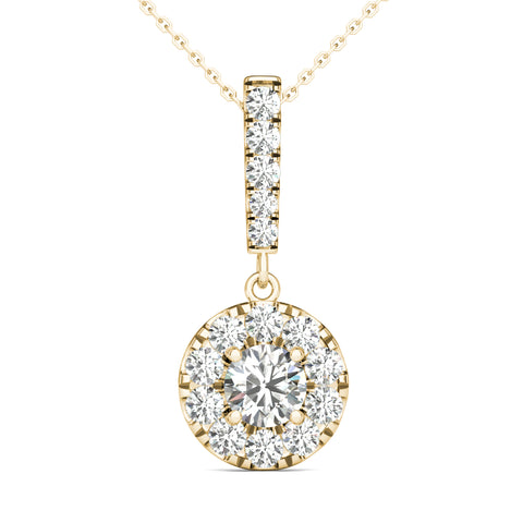 GIA Certified Natural Diamonds Halo Stick Pendant Necklace 14K Yellow Gold 3/4 Ctw