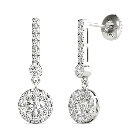 14K Gold Natural Diamond Dangle Halo Earrings Screw Back (1.00 Ctw, AGS Certified GH+/SI2-I1+)