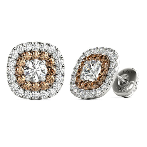 14K Gold Diamond Double Halo Earrings Screw Back (1.00 Ctw IGI USA Cert GH/I1)