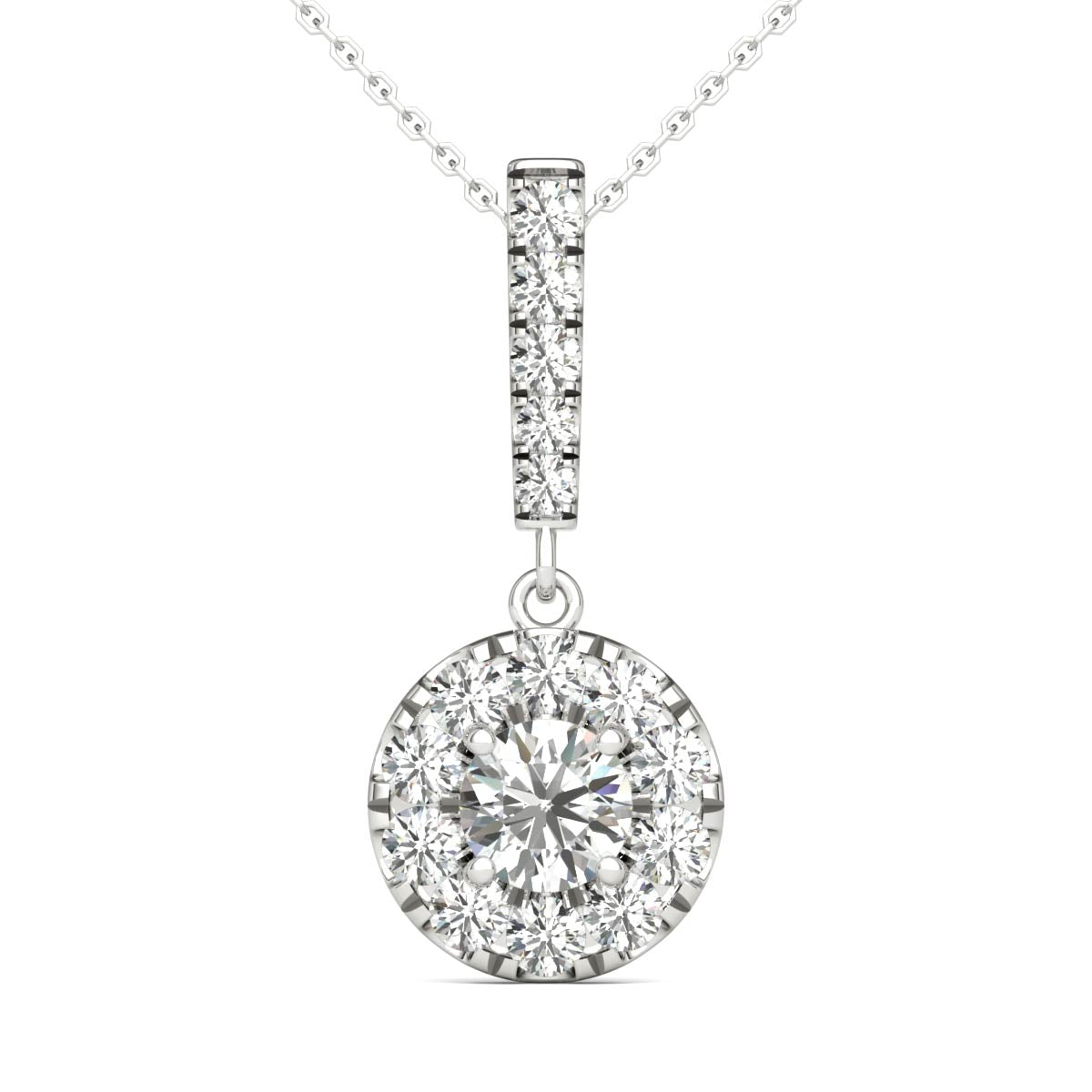 14K White Gold Diamond Halo Stick Pendant (3/4 Ct tw, IGI USA Certified GH/I1)