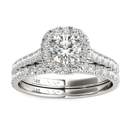 14K White Gold Natural Diamond Halo Wedding Ring Set (1.33 Ct tw, AGS Certified GH+/SI2-I1+)